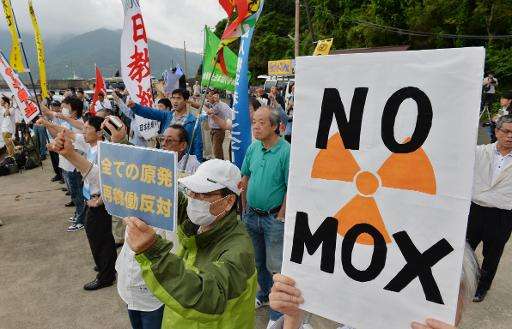 Protesters stage a demonstration against arrival of a vessel loaded with reprocessed nuclear fuel for the Kansai Electric Power 