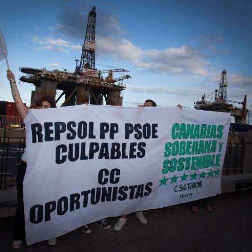 Protesters take part in a demonstration against the exploration for oil and gas off the coast of the Canary Islands, in Santa Cr