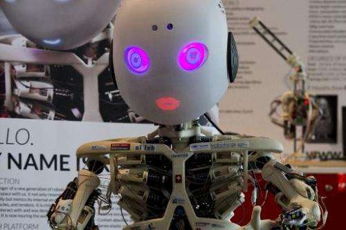Roboy, a humanoid robot developed at the University of Zurich,at the 2014 CeBIT technology trade fair on March 9, 2014 in Hanove
