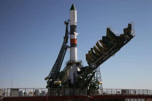 Russia's Progress M-28M cargo ship pictured on the launch pad shortly before the blast off at the Russian-leased Baikonur cosmod