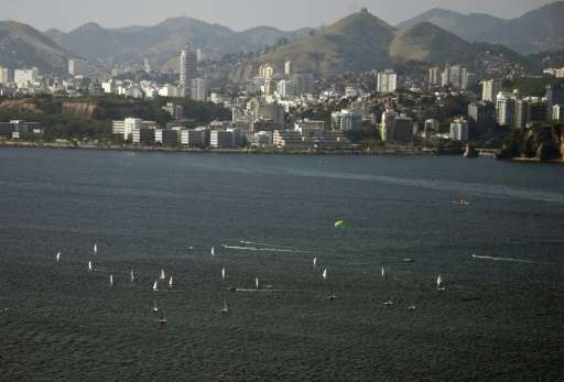 Sailboats are seen from above during a training session on Guanabara Bay ahead of the 2016 Olympic Games, in Rio de Janeiro on J