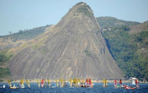 Sailing boats compete in the International Sailing Regatta held in Guanabara Bay in Rio de Janeiro on August 15, 2015, an event 