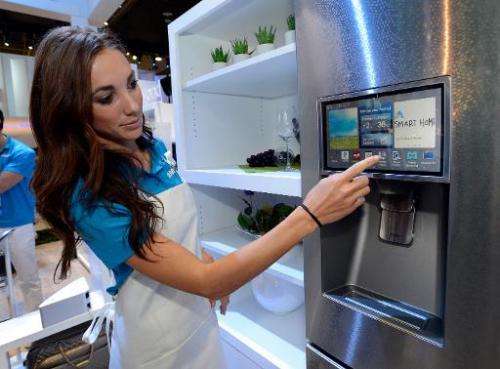 Samsung spokesmodel displays the connectivity feature on a smart refrigerator during the International CES at the Las Vegas Conv