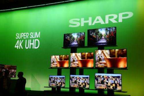 Sharp Super Slim 4K UHD televisions displayed during the Sharp press conference at the Consumer Electronics Show in Las Vegas on