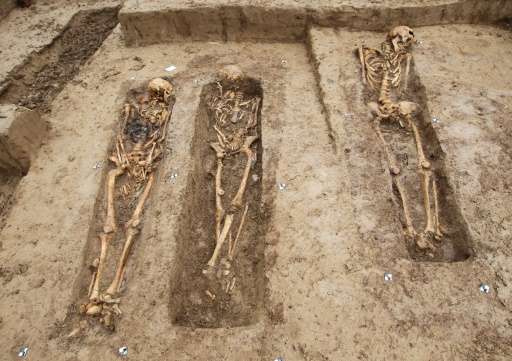 Skeletons of soldiers of the great army of Napoleon are uncovered after they were discovered at a building site in Frankfurt, we