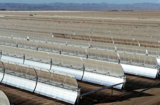 Solar mirrors at the Noor 1 Concentrated Solar Power plant, outside the central Moroccan town of Ouarzazate