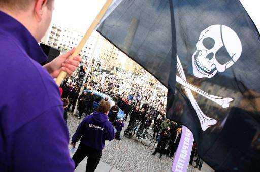 Supporters of the web site 'The Pirate Bay', one of the world's top illegal filesharing websites, demonstrate in Stockholm, on A