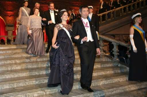 Sweden's Princess Sophia (L) and Nobel physics co-laureate Takaaki Kajita of Japan arrive for the 2015 Nobel Banquet at Stockhol