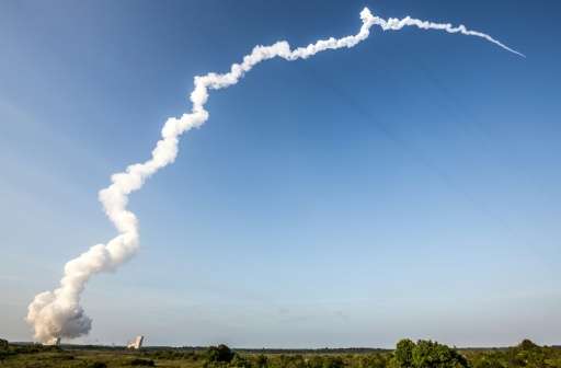 The Ariane 5 rocket is launched from the Ariane Launch Area 3 at the European spaceport in Kourou, in French Guiana on September