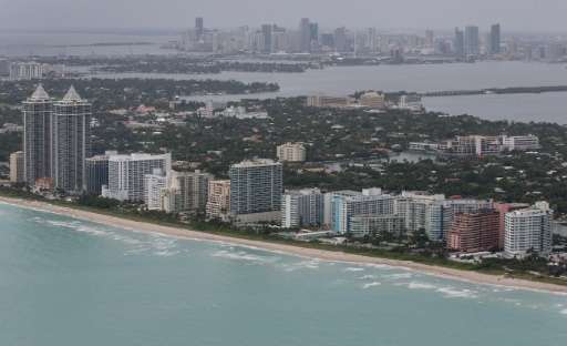 The coast line of Miami Beach and the City of Miami which a new study warns will sink below rising seas