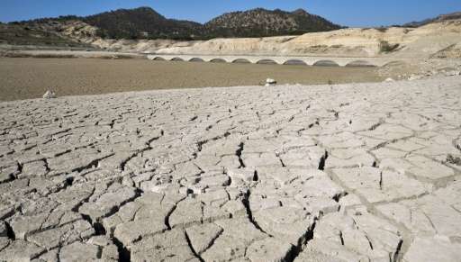 The cracked riverbed of the Amadorio reservoir is seen in Villajoyosa near Alicante where the water is far below usual levels du
