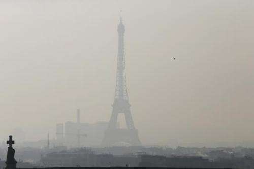 The Eiffel Tower obscured by smog during a previous pollution alert on February 12, 2015