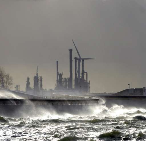The giant Maeslant surge barrier guards the entrance to the largest port in Europe, Rotterdam