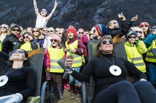 The inauguration on October 30, 2013 of sun mirrors (Solspeilet) set up on the hillside above Rjukan, Norway, to reflect sunligh