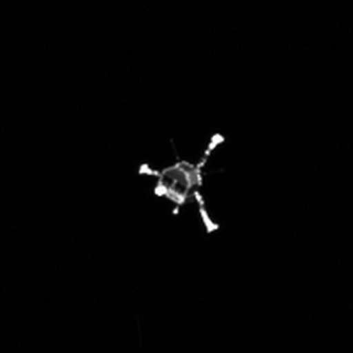 The Philae lander, as seen through Rosetta's OSIRIS narrow-angle camera in November 2014