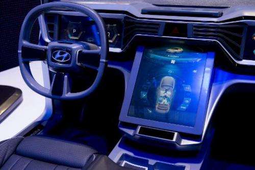 The &quot;Future Connectivity&quot; system dashboard prototype by South Korea's Hyundai displayed at the Geneva Motor Show