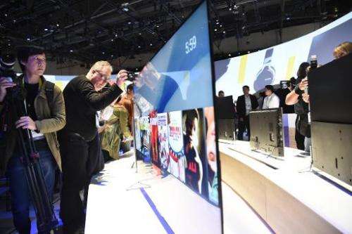The Sony Bravia X900C 4K TV, which is only 0.2 inches (4.9mm) thick, is displayed at the Sony press conference at the 2015 Consu