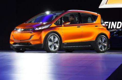 This January 2015 file photo shows the Chevrolet electric concept car Bolt EV at the North American International Auto Show in D