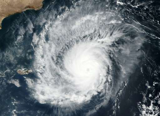 This November 7, 2015 NASA satellite photo shows Tropical Cyclone Megh in the Arabian Sea, before it made landfall in war-ravage