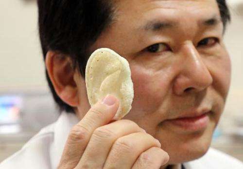 Tsuyoshi Takato, a professor at the University of Tokyo Hospital, displays an artificial ear made of polyactic acid and designed