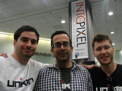Unikrn co-founder Rahul Sood (C) is flanked by Bryce Blum (L) and Stephen Ellis as members of the e-sports wagering platform tea