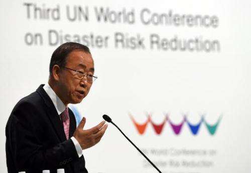 United Nations Secretary-General Ban Ki-moon delivers a speech during the opening ceremony of the third UN World Conference on D