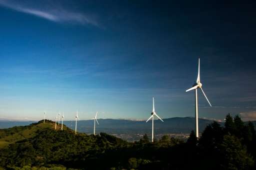 View of a wind farm of the National Power and Light Company in Santa Ana, Costa Rica on October 23, 2015