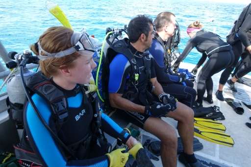 Volunteers prepare to make a dive to plant coral as part of the University of Miami Rosentiel School's Rescue a Reef program, in