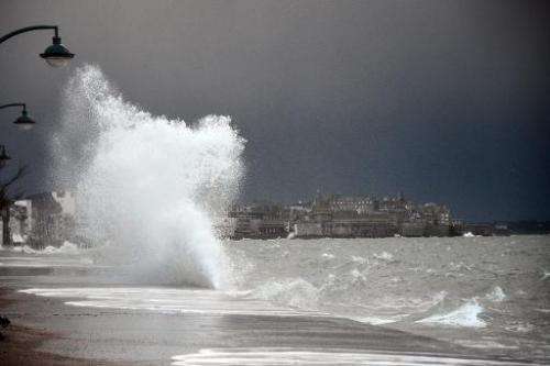 Waves during high tide in the western city of Saint-Malo, France on February 21, 2015