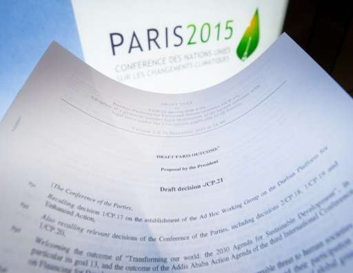 An illustration picture taken on December 10, 2015 in Paris shows a draft for the outcome of the COP21 United Nations conference