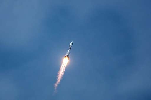 A Soyuz rocket carrying a pair of Galileo In-Orbit Validation satellites lifts off from Europe's Spaceport in Sinnamary, French 