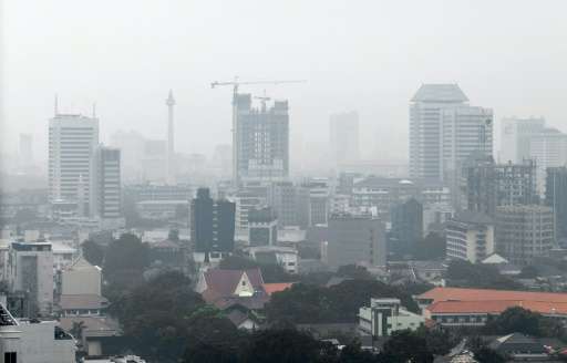 Haze over the Jakarta skyline on May 17, 2016