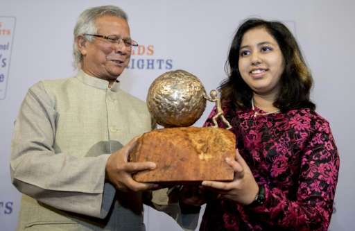Indian teenage environmental activist Kehkashan Basu receives the International Children's Peace Prize from Nobel Peace Prize Wi