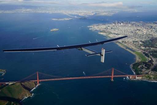 &quot;Solar Impulse 2&quot;, a solar powered plane piloted by Swiss adventurer Bertrand Piccard, flies over the Golden Gate Brid