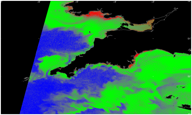 Satellite images show algal blooms swirling in the sea off the Cornish coast