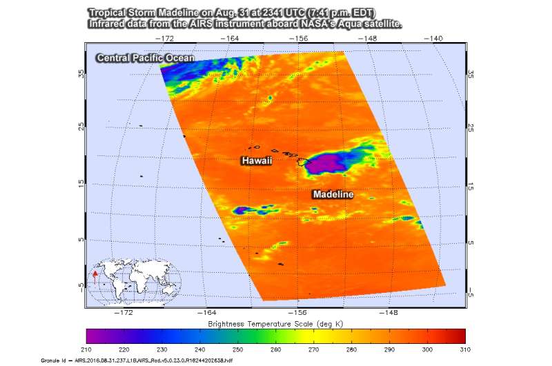 NASA sees a weaker Tropical Storm Madeline passing south of Hawaii's Big Island