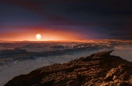 An artist's impression of a view of the surface of the planet Proxima b orbiting the red dwarf star Proxima Centauri