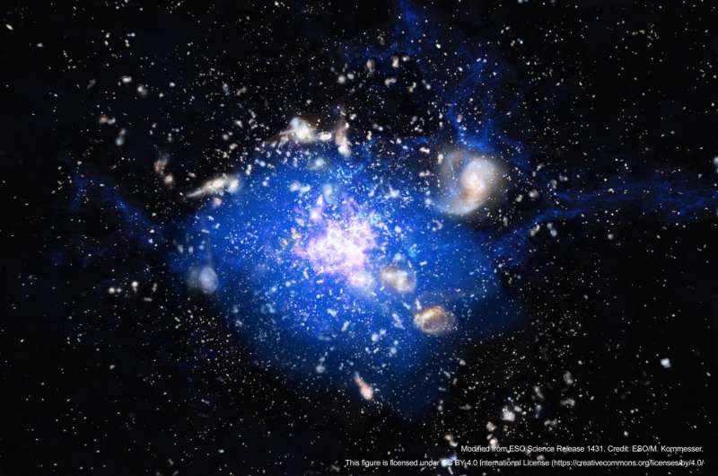 Embryonic cluster galaxy immersed in giant cloud of cold gas