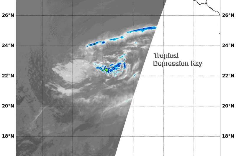 NASA's Aqua Satellite sees Tropical Depression Kay sevoid of strength