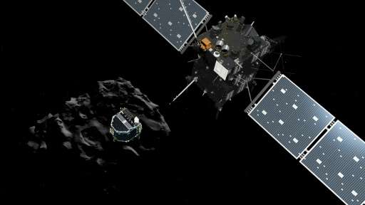 An artist's impression of the European probe Philae separating from its mother ship Rosetta and descending to the surface of com