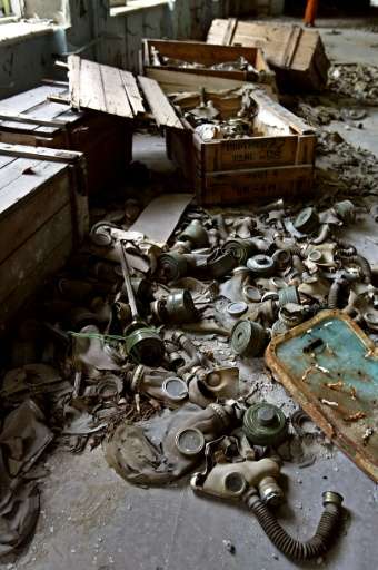 Abandoned gas masks lay on the floor in a class room in a school of the deserted town of Prypyat, adjacent to the Chernobyl nucl