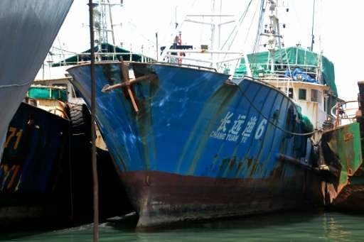 A Chinese fishing ship seized by Guinean authorities, in Conakry on October 8, 2016
