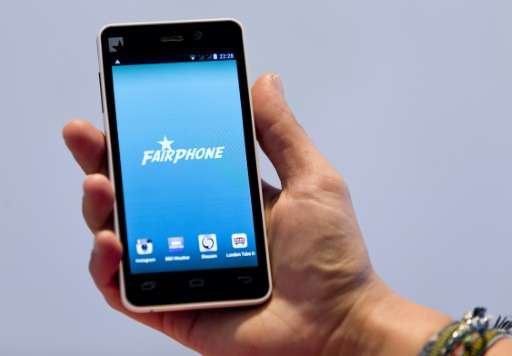 A Dutch-made prototype of a Fairphone smartphone during its unveiling in London on September 18, 2013
