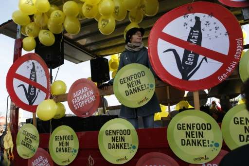 A German protester stands on a vehicle decorated with signs reading &quot;Genetically modified food: No thanks&quot; as farmers,