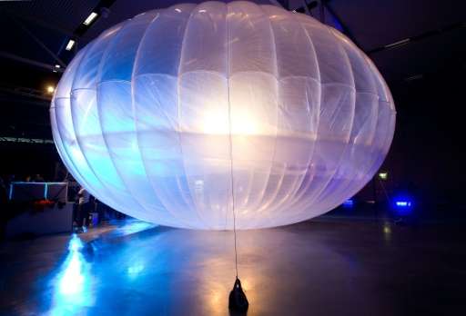 A high altitude WiFi internet hub Google Project Loon balloon is displayed at the Airforce Museum in Christchurch on June 16, 20