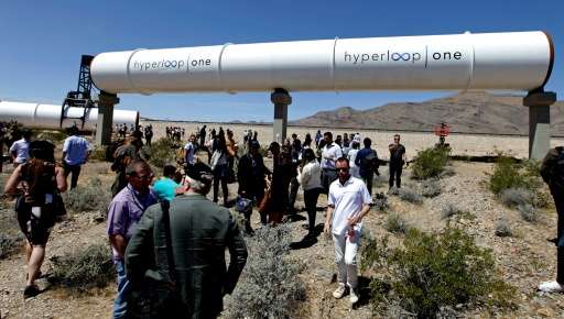 A Hyperloop tube is displayed during the first test of the propulsion system on May 11, 2016 in Las Vegas, Nevada