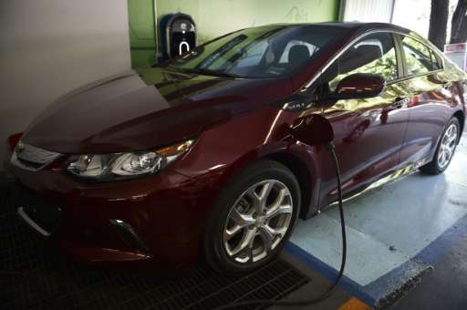 A new electrical model of Chevrolet called &quot;Volt&quot; is on display at a showroom in Mexico City in April