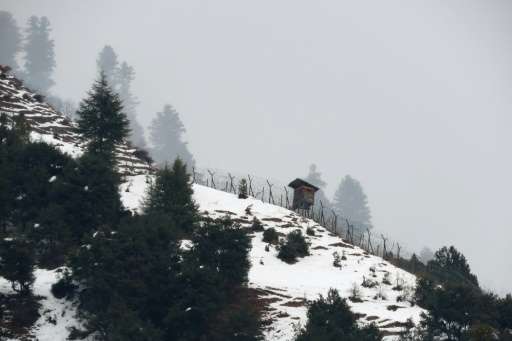 An Indian security border post is seen in the snow-covered Neelum Valley, as seen from Pakistan-held Kashmir