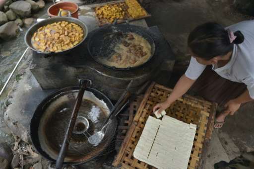 An Indonesian woman fries tofu in the village of Kalisari, Banyumas, in Central Java