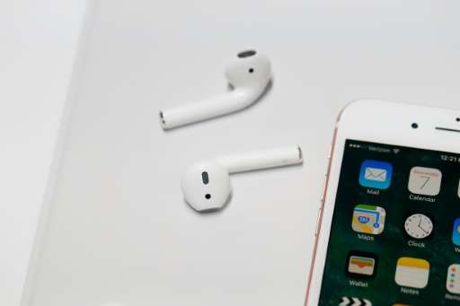 A pair of the new Apple AirPods are seen during a launch event on September 7, 2016 in San Francisco, California